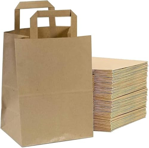 Tezraftaar® 100 x Paper Bags with Flat Handle 25cm x 30cm x 14cm (Large) Brown Kraft Carrier Bags for Carry Cloths Shopping Parties