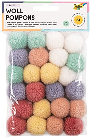 folia 50242 - Woll Pompons, Pastell, 24 Stück, sortiert in 6 Farben, ca. 3 cm Durchmesser, ideal für farbenfrohe Bastelarbeiten