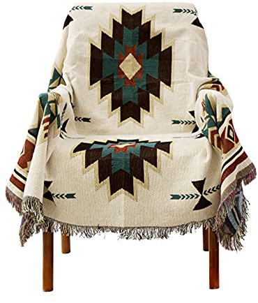 HOORDRY Boho-Decke mit Fransen,130×180 cm gewebte tagesdecke im amerikanischen Ethno-Stil,geometrische Strickdecke Quasten Jacquard,dekorativ für Zuhause,Büro,Reisen, Zelten Sucre