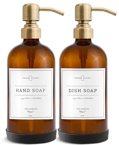 Vine Creations Glass Soap Dispenser, 2 Pack Kitchen Soap Dispenser Set with Stainless Steel Pump, 16 oz Dish Soap and Hand Soap Dispensers for Bathroom with Waterproof Labels and Protective Pads