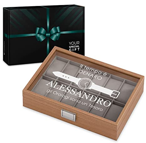 Maverton Cofanetto Porta Orologi con 12 scomparti - Custodia orologi in legno - Coperchio in vetro - Fodera in velluto grigio - incisione personalizzata - regalo uomo - Tempo è denaro