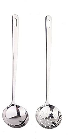 Xigule Suppenkellen und Abtropfen Löffel, 304 Edelstahl-Kochgeschirr, Langstiel-Kochgeschirr, 24,5 cm (L) x 6,5 cm (D)