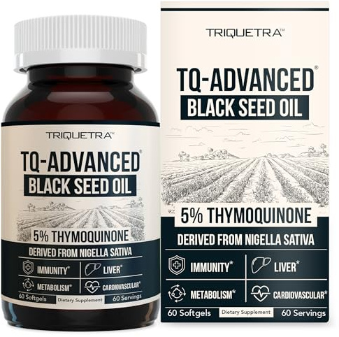 Black Seed Oil Softgels | 5% Thymoquinone - TQ-Advanced® | High Potency - 500 mg per Capsule - 15:1 Concentrate from Nigella Sativa Extract, Raw Form, Vegan Formula, Glass Bottle (60 Softgels)