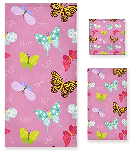 Vnurnrn Schmetterling Rosa Handtuchset für Badezimmer(1 Badetuch & 1 Handtuch & 1 Waschlappen) Geruchsresistente Handtücher für Mädchen Kinder