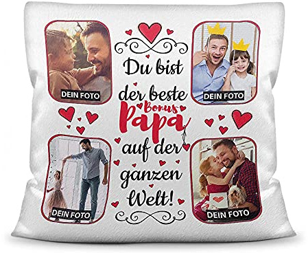 Print Royal Kissen mit Füllung zum selbst Gestalten mit 4 Fotos - Für den besten Bonuspapa - Hochwertige Kissenhülle mit Reißverschluss, Weiß flauschig, 40 x 40 cm