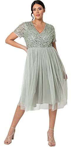 Maya Deluxe Damen Midi-Kleid mit V-Ausschnitt, Verziert Brautjungfernkleid, Grüne Lilie, 48