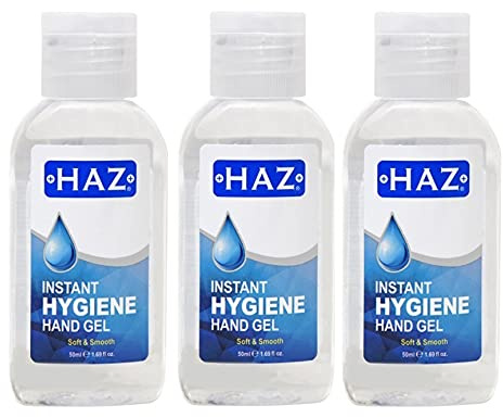 HAZ Instant Hygiene Hand Sanitiser Gel, Anti-Bacterial Hand Gel, 62% Alcohol Based, Kills 99.9% of Germs & Bacteria with Anti Viral Action, Medical Grade Quick Drying Formula (50ml - 3 Pack)