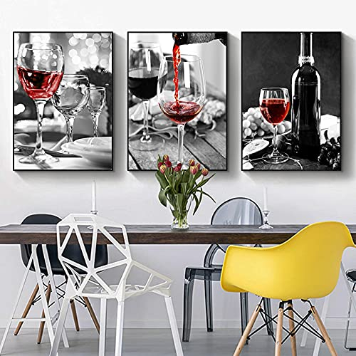 Leinwand Malerei Rotwein Flasche Küche Poster Drucke Trinken Essen Wandkunst HD Bild Esszimmer Restaurant Modernes Dekor 70x85cm (28x33in) x3 Rahmenlos