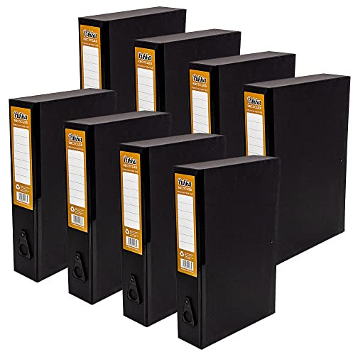 Pukka Pad, Recycled Card Paperboard Box Files for School and Office Document Organisation – Pack 8 – with Thumb Pull and Spine Labels - Black