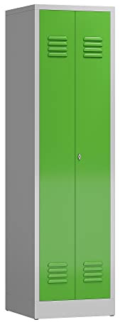 Lüllmann Spind Spint komplett montiert und verschweißt Stahl Kleiderschränke Gaderobenschrank Putzschrank 2 türig (RAL 7035/6018 lichtgrau/gelbgrün)