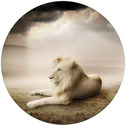 Wallario Glasbild rund Stattlicher ruhender Löwe in Afrika in Sepiafarben - Rund, 50 cm Durchmesser Wandbild Glas in Premium-Qualität: Brillante Farben, freischwebende Optik
