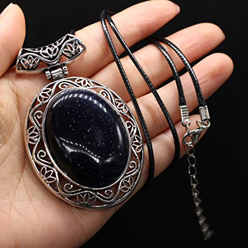 Naturstein Anhänger Oval Form Lapislazuli Kristall Damen Mode Anhänger Halskette Leder Seil Kette,Blauer Sand