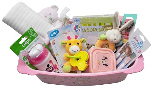 hLine VIP Geschenk zur Geburt Geschenkkorb Taufgeschenk im Trittschemel (Rosa - Mädchen)