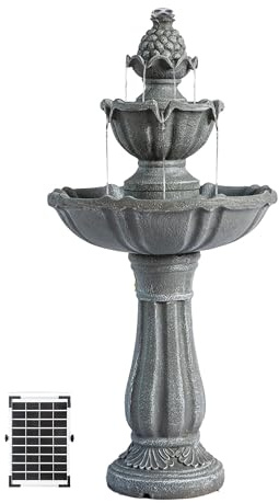 XBrand 36.2 Solar Powered 2-Tier Outdoor Water Fountain, Resin Fountain with Solar Panel Pump, Gray
