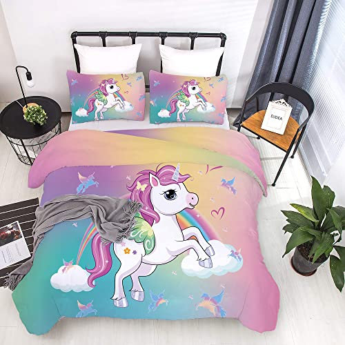 DJDEA Unicorn Bedding Set Single Bedding for Girls Children's Single Quilt Set 135cm X 200cm Rainbow Zipper Breathable Fiber Duvet Cover with Pillowcase 50 x 75cm