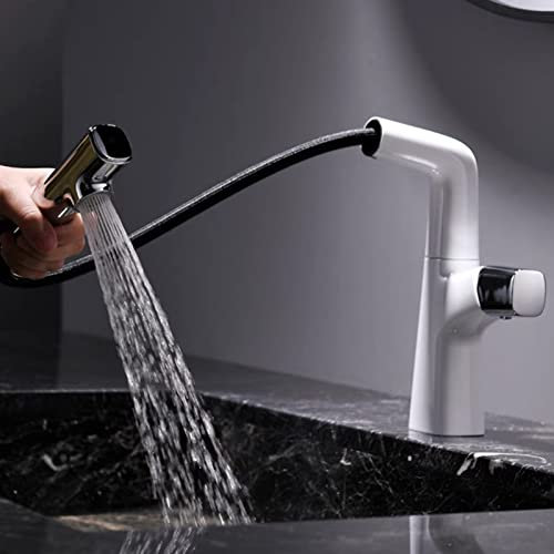 Miscelatore Lavabo Bagno con Doccetta Estraibile, Rubinetto Bagno Ottone Alzabile Acqua Fredda e Calda Multifunzione Rubinetti Bagno Bianco + Cromo