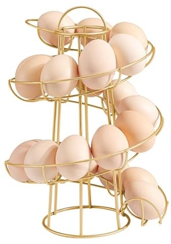 Flexzion Spiral Egg Rack for Fresh Eggs (Medium Egg Display) - Modern Egg Skelter Freestanding Wired Countertop Egg Holder for Fresh Eggs, Dispenser Stand, Storage Rack for Kitchen, Gold | Fresh Egg Storage Dispenser with Open Wire Spiral and Lower Basket; Freestanding Rack for Kitchen Counter Display