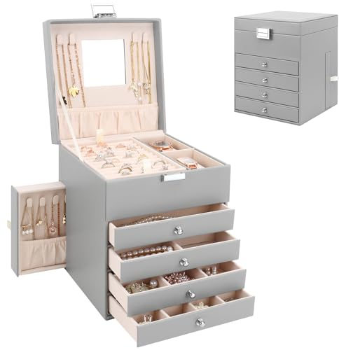 Schmuckkästchen mit 6 Schubladen, Große PU Schmuckkasten 5 Ebenen mit Seitlichen Schubladen und Spiegel, Schmuckbox für Ringe, Ohrringe, Armbänder, Halsketten, Grau