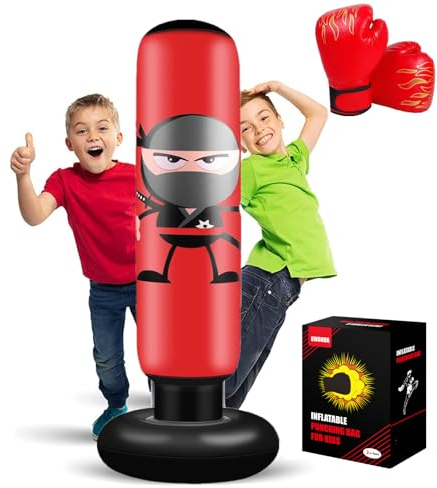 EIVONDA Boxsack Kinder 160cm Aufblasbarer Ninja Punchingball Standboxsack mit Boxhandschuhe zum Üben Boxen MMA Karate Taekwondo und zum Abbau aufgestauter Energie bei Kindern (Rot)