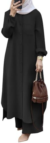 Odizli Abaya Muslim Damen Gebetskleidung für Frauen Muslimische Islamische Langarm Button Down Lang Hemd + Hose Zweiteiler 2 Teiler Loungewear Set Gebetskleid Ramadan Outfit Schwarz XL