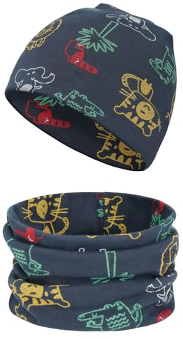 Aolso Kinder Beanie Mütze & Schal Schlauchschal Set, Loop Mütze, Baumwoll Schals, Winter Loop Schal für Junge und Mädchen, Baby Schals (Grau Blau)