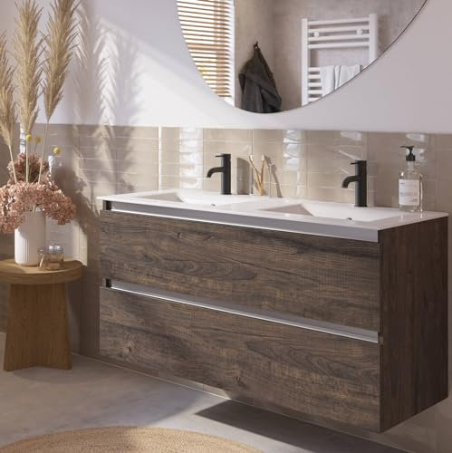 Saqu Gaia Badezimmer Badmöbel Set mit doppeltem Keramikwaschbecken 121x46 cm Vormontiert - Schlossbraun mit AluminiumGriffleiste - mit Wasbecken und Unterschrank