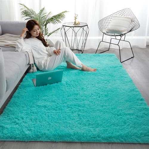 Guetto Hochflor Teppich Wohnzimmer rutschfest Fellteppich Shaggy Flauschig Weich Modern Kunstfell Fell Imitat Einfarbig, Teppich für das Schlafzimmer/Wohnzimmer/Kinderzimmer,Blau,80x160cm