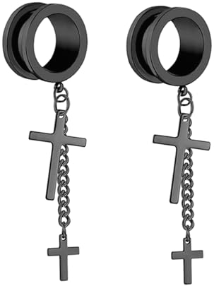 Stfery Ohr Plug Tunnel 10mm, 2 Stk Flesh Tunnel Stahl Schwarz Mit Kette Und Kreuz Anhänger Tunnel Plug Ohr