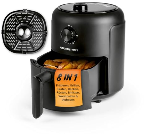 GOURMETmaxx Heißluftfritteuse | 2,3L Airfryer mit Timer, Touchscreen | Fritteuse mit 8 Funktionen & 7 Programmen | Energiesparend frittieren, nahezu ohne Öl | Minibackofen - 1000 W