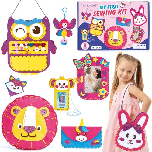 hahaland Manualidades Niños 6 8 Años, Kit de Costura para Niños Manualidades de Fieltro Crochet con 8 Proyecto Fácil, Juguetes Regalo Niñas 5 6 7 8 9 años
