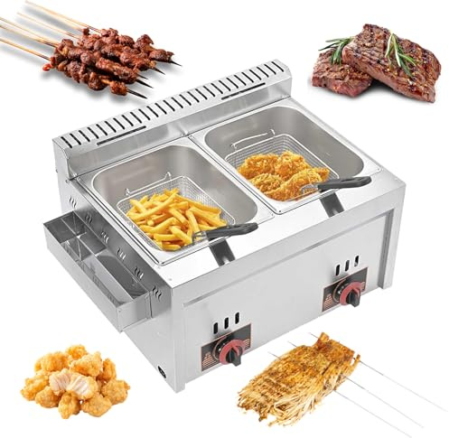 Friteuse à gaz en acier inoxydable avec double réservoir et tête de friteuse rotative, pour plan de travail, friteuse d'huile avec panier à frites, volume de 20 l, double friteuse pour cuisine,