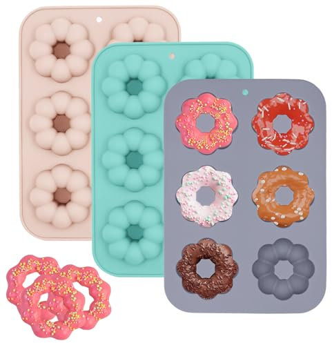 TOKSEO 3 Stück Silikon Donut Backform Kürbis, 6 Hohlraum Donuts Backform, Antihaft Donut Form Silikon Backform für Kuchen, Kekse, Bagels, Muffins(Blau, Rosa, Grau)