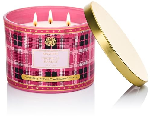 M&SENSE 330g Luxury Candela alla Soia Profumata Cesta Tropicale|3 Stoppini in Cotone 65H, Aromaterapia Non Tossica, Barattolo Vetro Rigato Vintage, Regalo Donna Compleanno/Mamma Gift