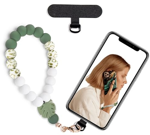 Lostars Silikonperlen-Handykette Kurz, Handyanhänger mit Handy Lanyard Pads, Elastische Handy Kette für freihändigen Gebrauch, für die Meisten Smartphones (Grüner Leopard)