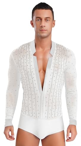 Winnrchan Men One-Piece Sheer Mesh Long Sleeve Latin Dance Shirt Ballroom Dance Leotard Unitard Ballet Dancewear White Medium