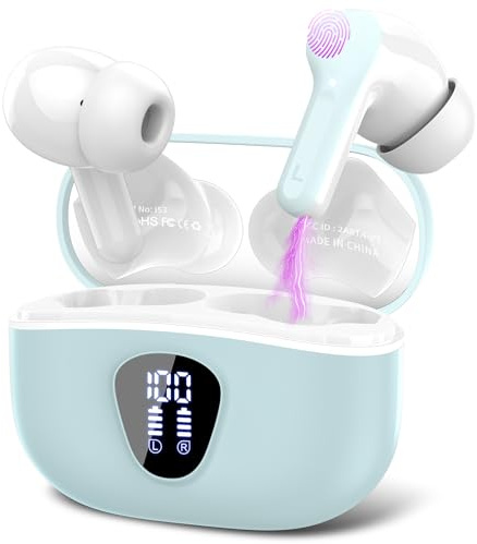 Ecouteurs Bluetooth sans Fil, Écouteurs Bluetooth 5.4 Oreillette Bluetooth Basses Immersives avec 4 ENC Mic, Casque Bluetooth sans Fil 46H avec Écran LED, Étanche IP7 Contrôle Tactile,Bleu Clair(2025)