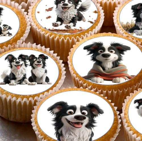 Border Collie Dog Pre-cut Edible Wafer Cupcake Toppers, Round Decorations x 24