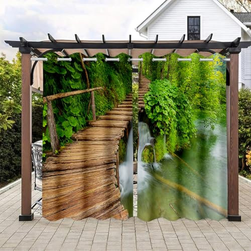 Hiseng Cortina de Exterior Impermeable, 2 Pieza Opacas Cortinas Exterior Porche, 3D Paisaje Termicas Aislantes Frio y Calor para Terraza para Terraza Pergolas de Jardin (Puente Madera,200x213cm)