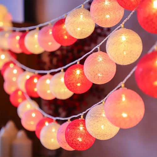 ENLACE Baumwollkugeln Lichterkette, 1,5M 10 LED Rosa Weiß Rot Cotton Ball Lichterketten Batteriebetrieben, Baumwollkugeln Lichterkette für Kinderzimmer, Hochzeit, Weihnachten, Party Deko