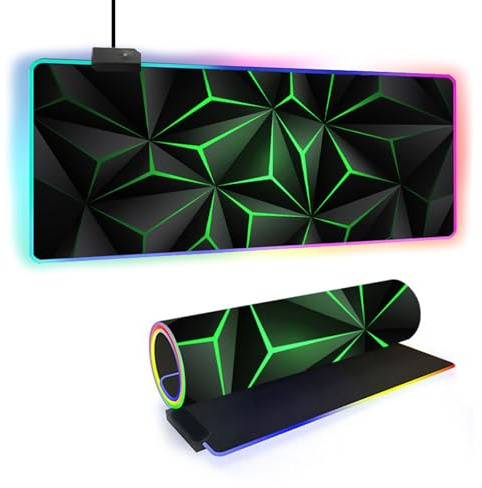 FANSU Tapis de Souris Gaming RGB XXL, Style Abstrait Antidérapante Grand sous Main Bureau, 14 Effets d'éclairage LED, pour Clavier et Souris, Mouse Pad pour PC Gamer (Vert,700x300x4mm)
