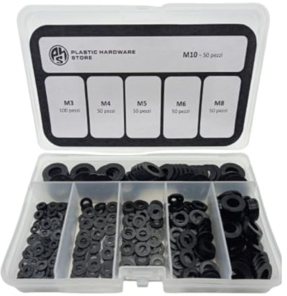 Set Unterlegscheiben aus Nylon (Kunststoff) DIN125 in verschiedenen Größen, Isolier- und Rostschutz, industrielle Verwendung und für Anfänger - M3-M10 - Schwarz - 350 Stück - Plastic Hardware Store