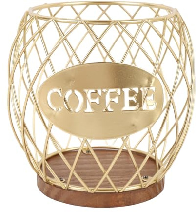 Hiraith Porta cialde di caffè, in ferro, grande capacità, elegante, resistente all'erosione e alla ruggine, organizer per capsule di caffè, con base in legno, per casa e bar (oro)