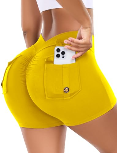 STARBILD Pantalones Cortos de Deporte para Mujer, Scrunch Butt Shorts Deportivo Push Up con Bolsillos, Mallas Cortas Cintura Alta para Yoga Correr Fitness Ciclista, 11.5cm Inseam V Back - Amarillo L