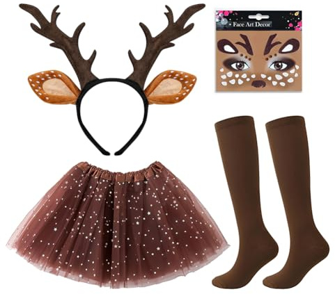Deguisement renna donna 4 pezzi, cerchio fascia renna, costume animale, gonna tutù, calze in cotone marrone, alce viso tatuaggio adesivo, costume da renna per Natale Halloween Carnevale Cosplay