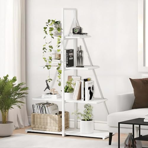Hapihom Ladder Bookcase, 4 Tier Corner Shelf with Steel Frame, Wooden Open Display Shelving Unit, Industrial A-Shaped Bookshelf for Living Room, Hallway, Home Office 100x34x143cm - B