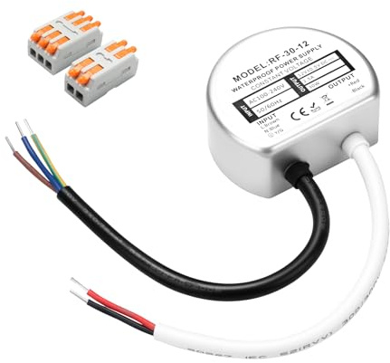 Muzveik 12V LED Trafo 30W 2.5A, Wasserdicht IP67 Transformator 230V auf 12V Rund Ø57mm, LED Netzteil mit 2 Steckverbindern für Streifen und Spots Außen