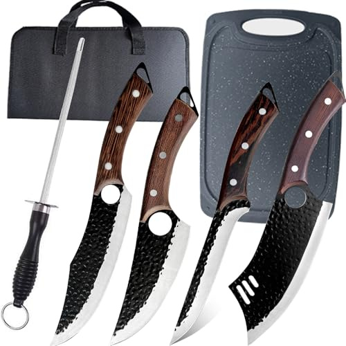 6 Pcs Kochmesser Set Mit Tasche, Küchenmesser, Wetzstahl,Schneidebrett, Handgeschmiedet Chefmesser, Perfekt zum Schneiden Messer, Serbisches, Hackmesser Scharf Messer für Zuhause Camping