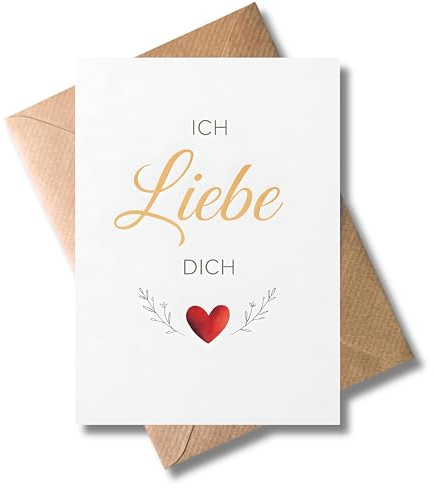WBdesignz Ich Liebe Dich Karte mit Umschlag - Einfühlsame Liebeskarte mit goldenem Schriftzug & rotem Herz - Perfekt für Partner, Freundinnen & Familienmitglieder zum Valentinstag, Jahrestag (DIN A6)
