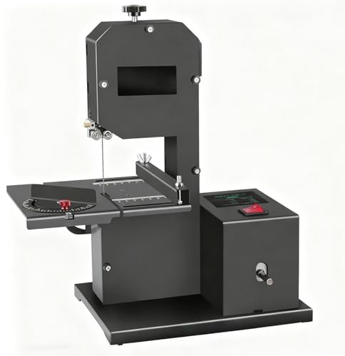 Azcabjie Sierra De Cinta De Sobremesa Profesional para Pequeños Talleres, Motor De 800 W, Mesa De Metal Inclinable (0-45°), Cortadora De Madera, Cortes Rectos Y Curvos