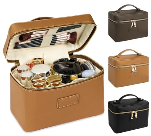 ALIIP Borsa per il Trucco, Borse da Toilette Impermeabile in Pelle PU, Borsa Cosmetica Portatile, Organizer da Viaggio di Grande Capacità, per Donne e Ragazze-Marrone
